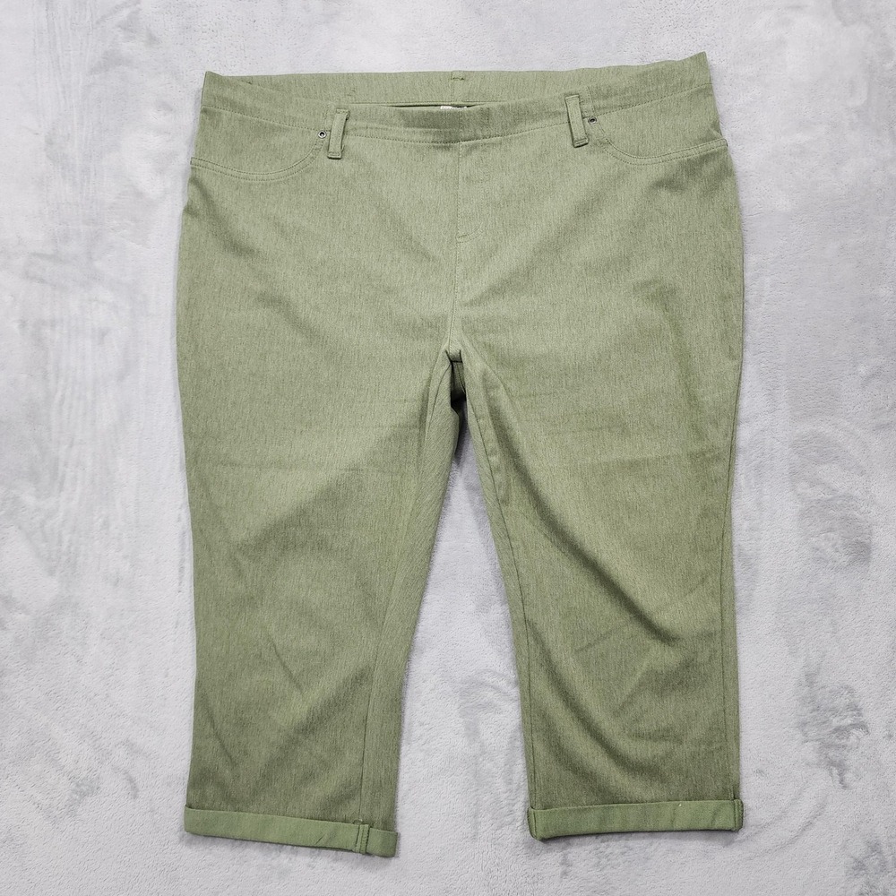 Terra & Sky Pants Womens 2X Green Denim Capri Crop Pull On Cuffed Stretch Casual